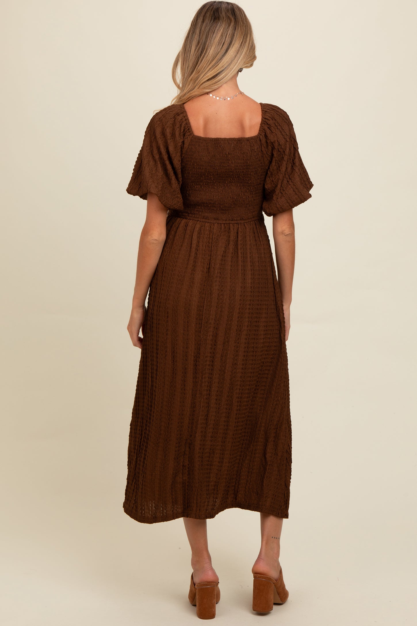Brown Smocked V-Neck Short Puff Sleeve Textured Maternity Midi Dress PinkBlush Brown Smocked V-Neck Short Puff Sleeve Textured Maternity Midi Dress PinkBlush