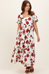 Cream Floral Square Neck Short Puff Sleeve Maternity Midi Dress