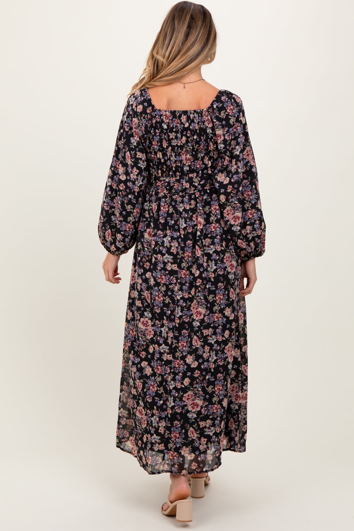 Black Floral Square Neck Front Tie Maternity Midi Dress