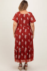 Rust Floral Print Ruffle Hem Maternity Plus Midi Dress