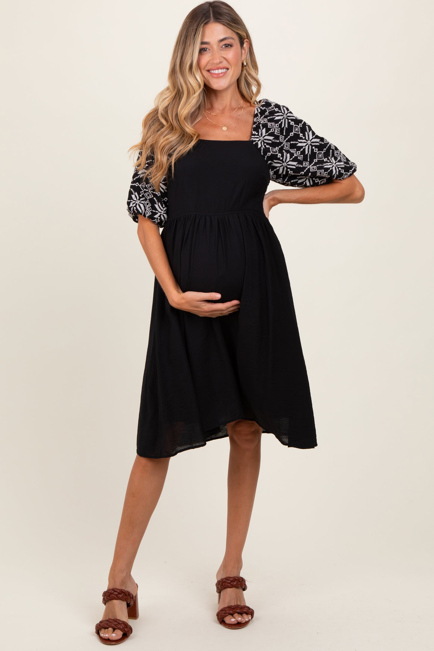Black Embroidered Puff Short Sleeve Square Neck Maternity Dress PinkBlush Black Embroidered Puff Short Sleeve Square Neck Maternity Dress PinkBlush