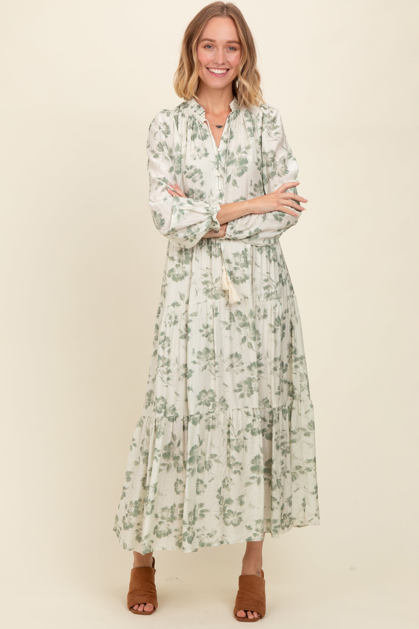 Olive Floral Button Front Tiered Long Sleeve Maternity Maxi Dress