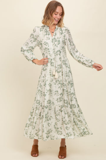 Olive Floral Button Front Tiered Long Sleeve Maxi Dress