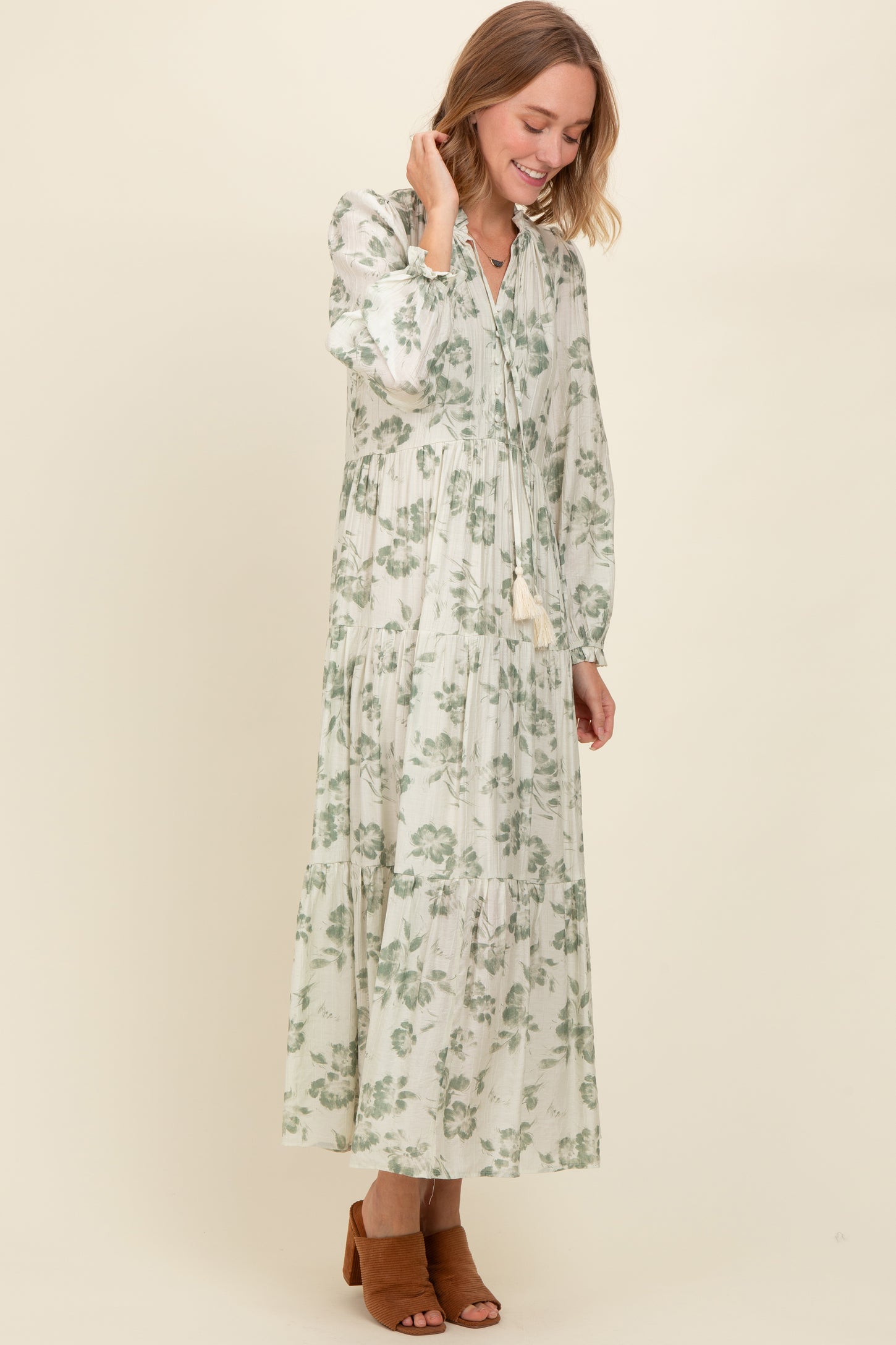 Olive Floral Button Front Tiered Long Sleeve Maxi Dress