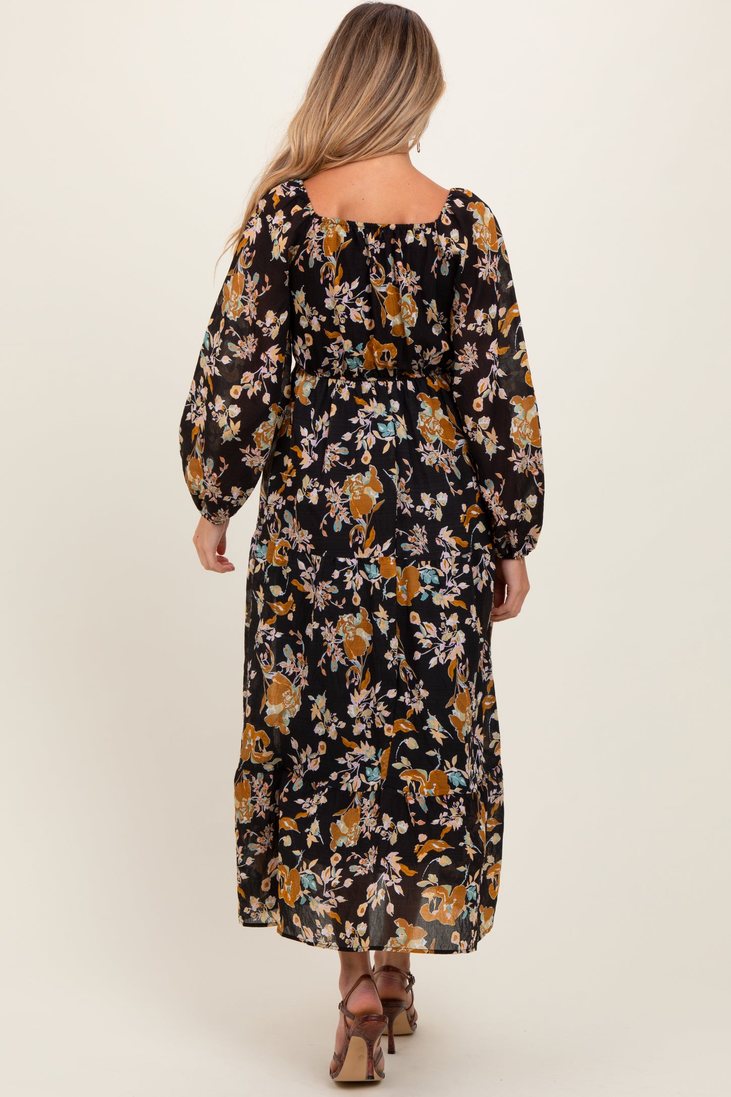 Black Floral V-Neck Long Sleeve Maternity Midi Dress