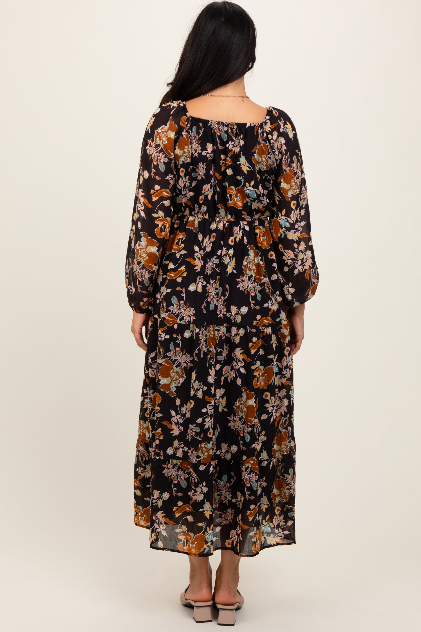 Black Floral V-Neck Long Sleeve Midi Dress
