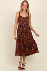 Brown Floral Sweetheart Neck Button Down Midi Dress