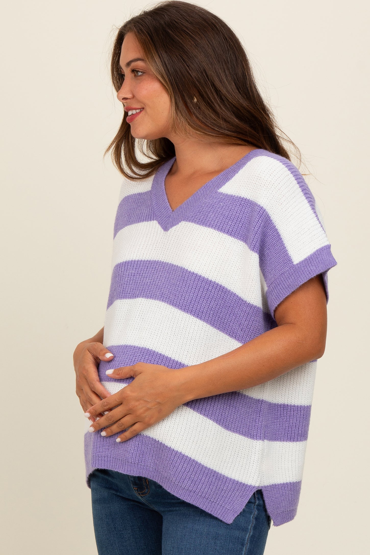 Purple Striped V-Neck Maternity Sweater Top
