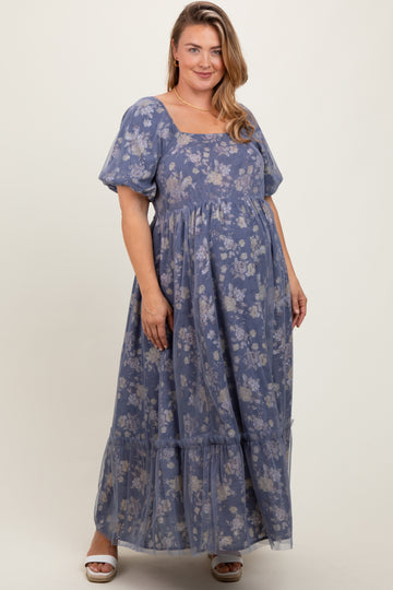 Navy Floral Mesh Square Neck Short Puff Sleeve Maternity Plus Midi Dress