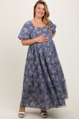 Navy Floral Mesh Square Neck Short Puff Sleeve Maternity Plus Midi Dress