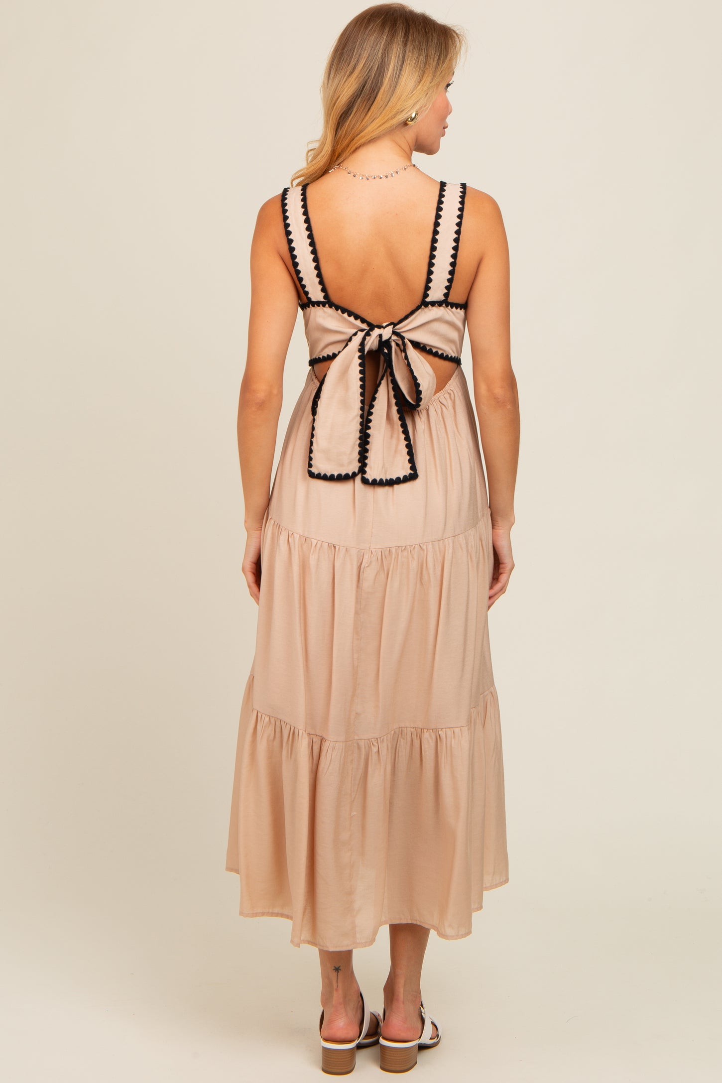 Beige Scallop Trim Tiered Midi Dress