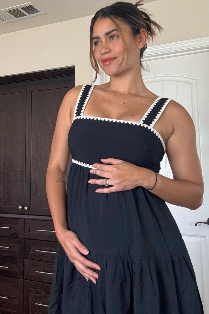 Black Scallop Trim Tiered Maternity Midi Dress