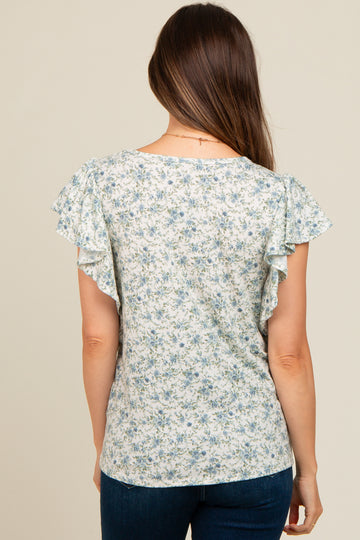 Blue Floral Ruffle Sleeve Maternity Blouse