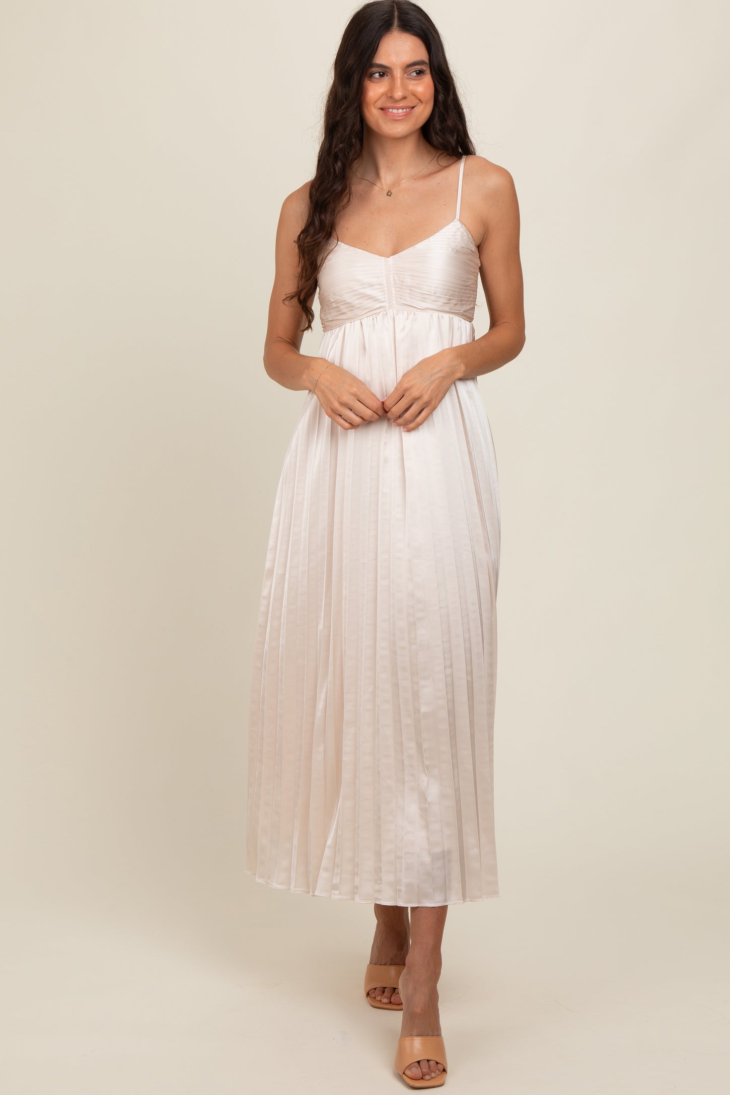 Cream Satin Pleated Midi Dress