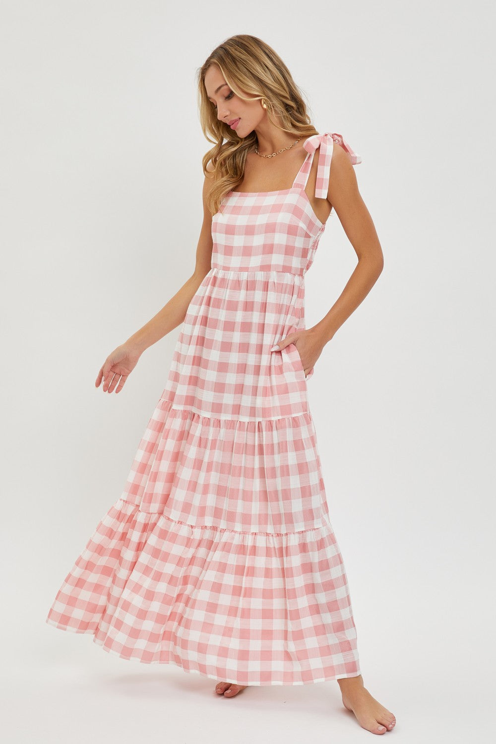 chinese dress ladies maxi dress gingham coral