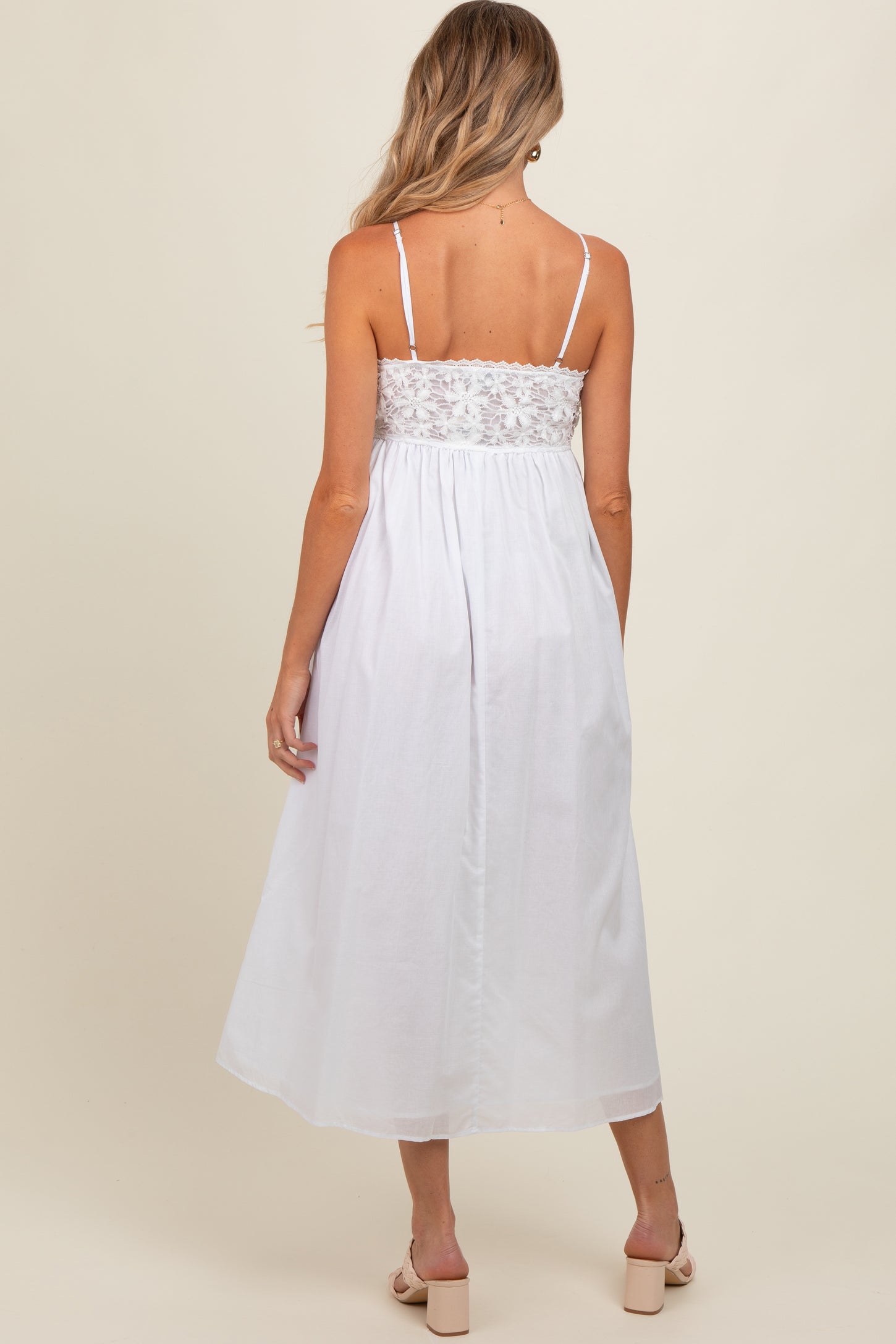 White Floral Crochet Contrast Maternity Midi Dress