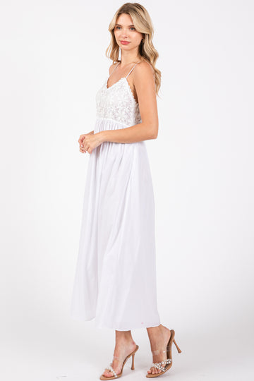White Floral Crochet Contrast Midi Dress