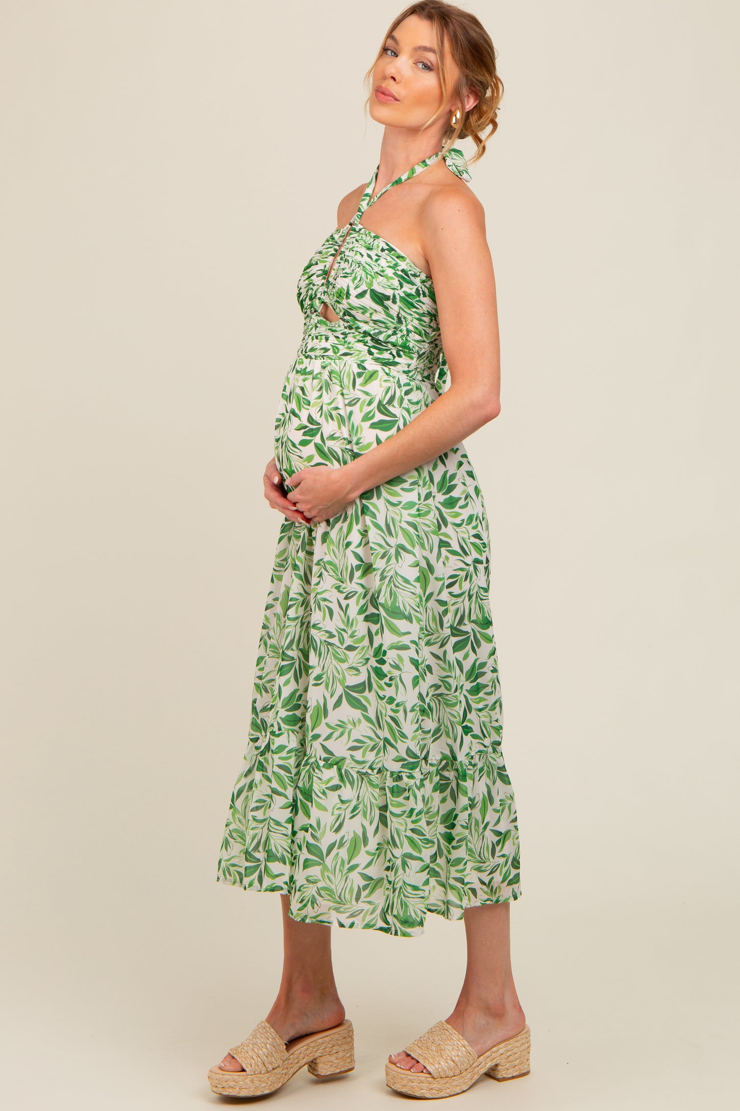 Green Leaf Print Halter Keyhole Maternity Midi Dress