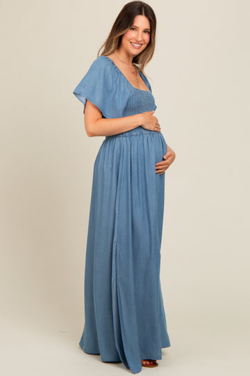 Light Blue Chambray Smocked Maternity Maxi Dress