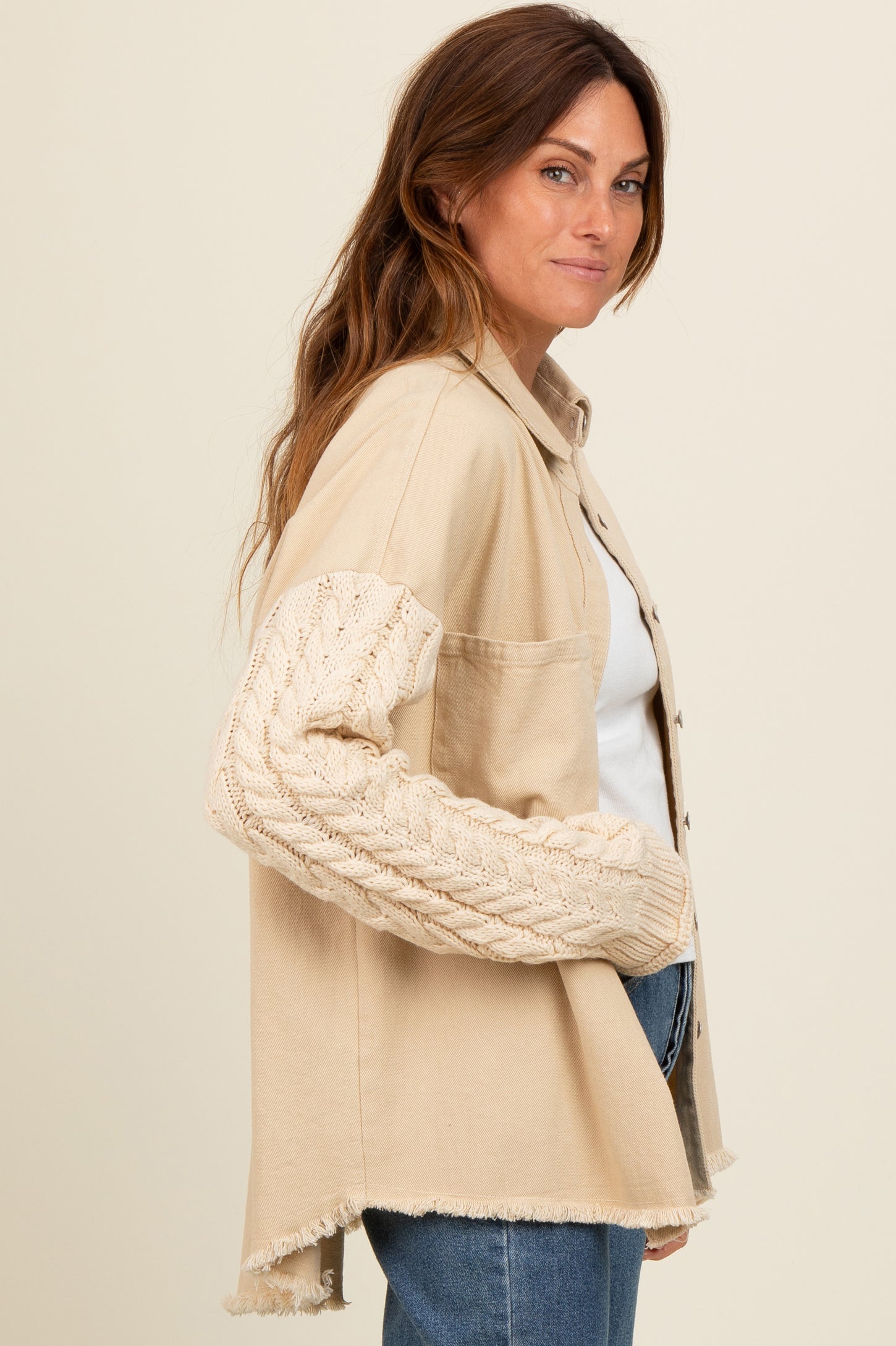 Beige Denim Cable Knit Contrast Jacket