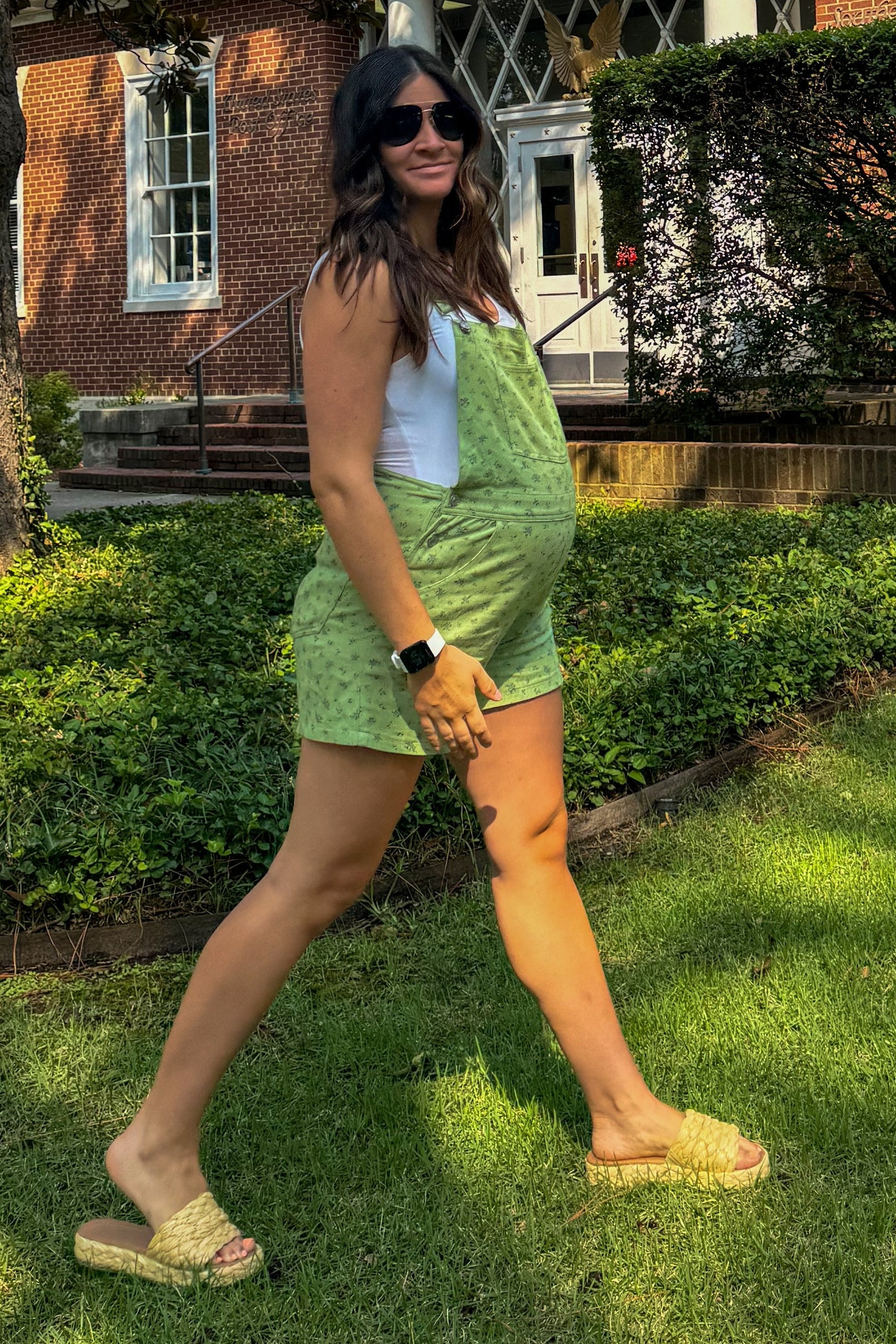 Light Olive Floral Denim Maternity Shortall