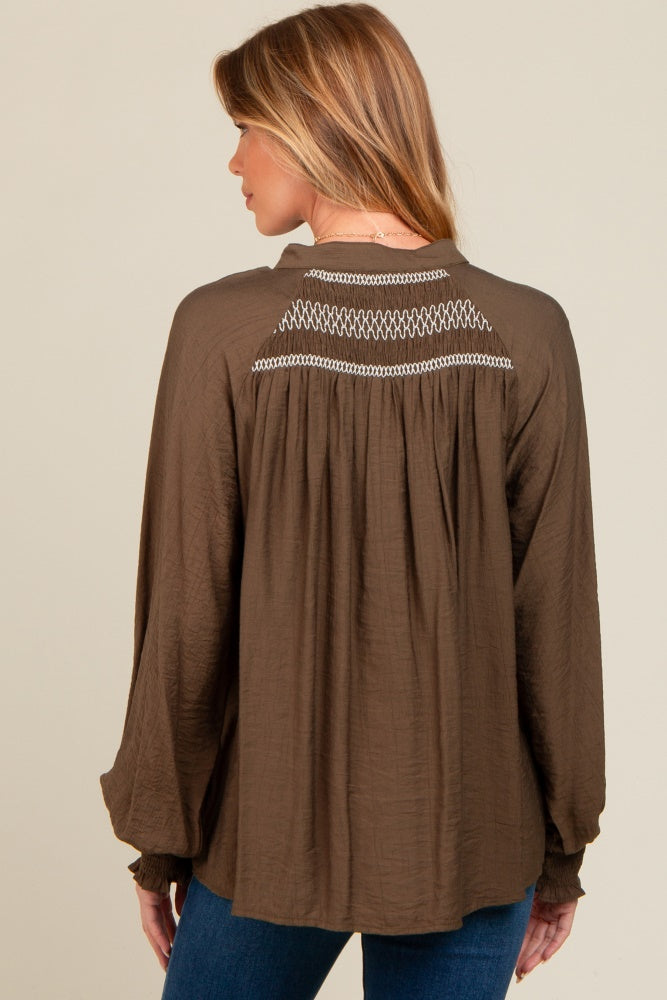 Olive Embroidered Smocked Maternity Blouse