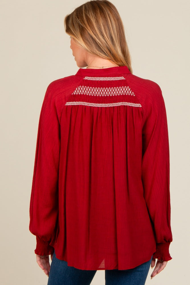 Rust Embroidered Smocked Maternity Blouse