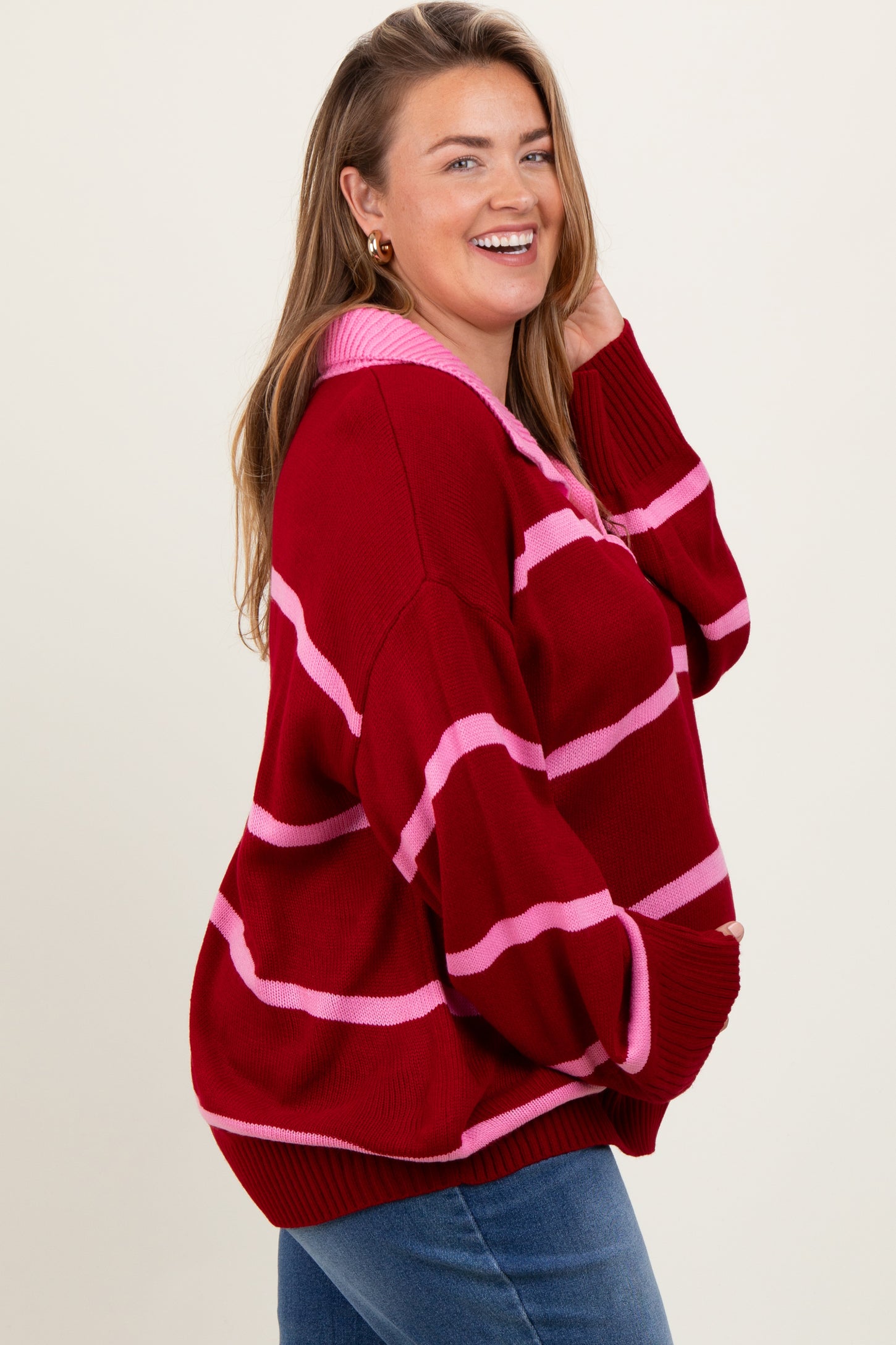 Red Striped Collared Maternity Plus Sweater