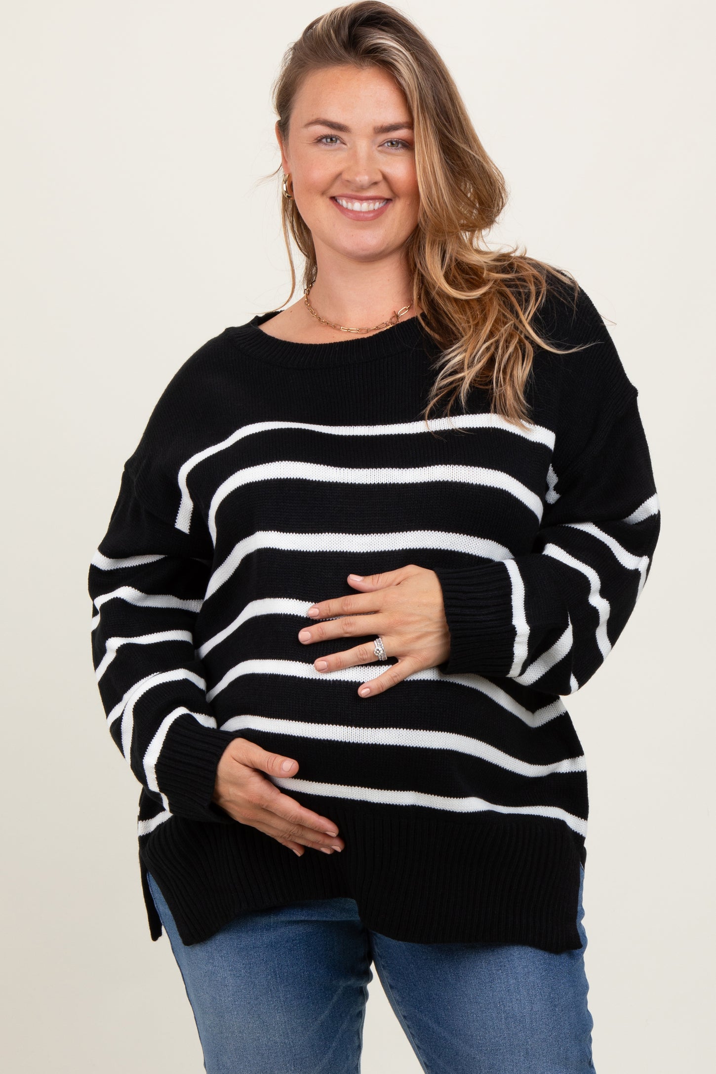 Black Striped Side Slit Maternity Plus Sweater
