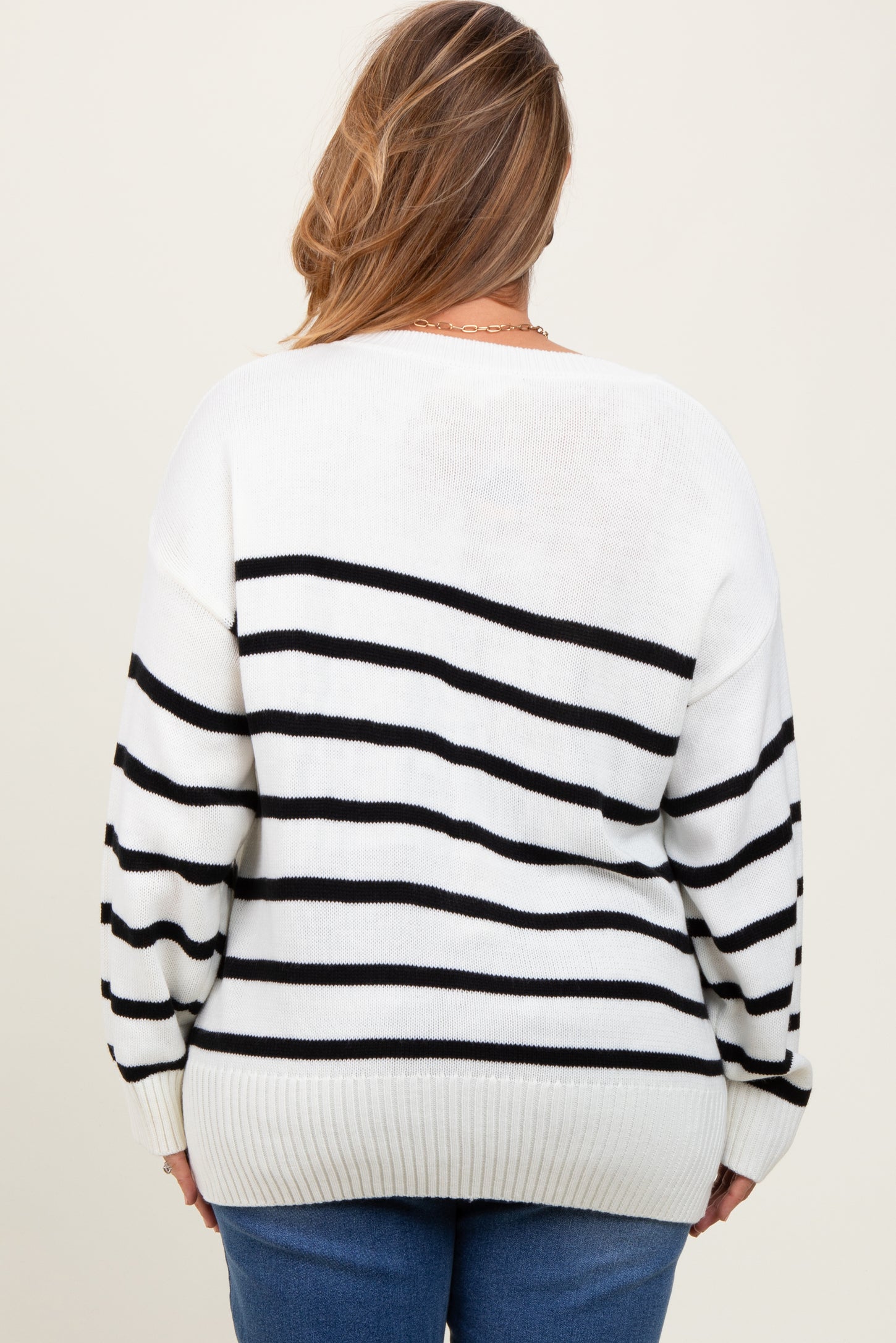 Ivory Striped Side Slit Maternity Plus Sweater