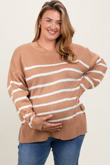Taupe Striped Side Slit Maternity Plus Sweater