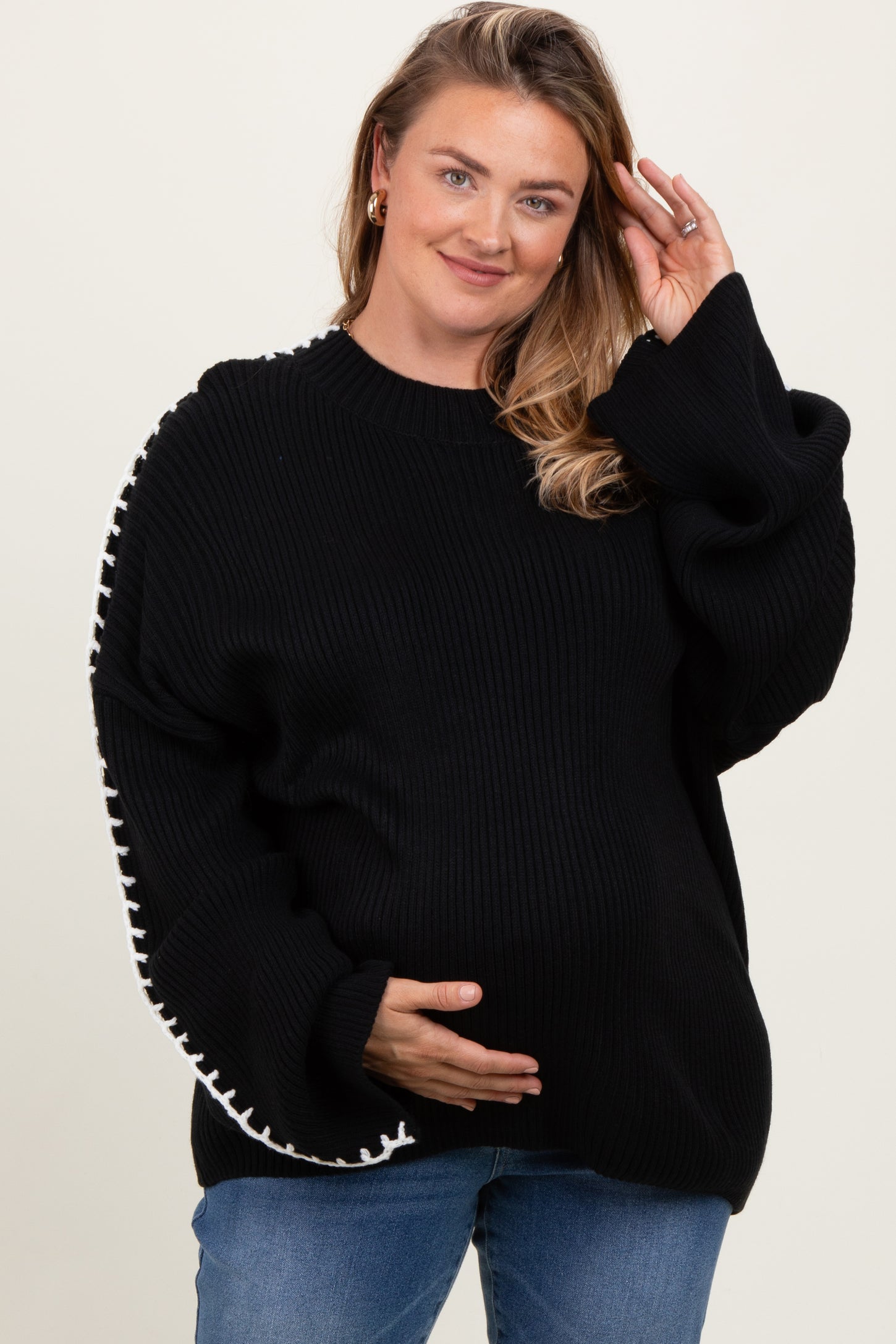 Black Contrast Stitch Maternity Plus Sweater