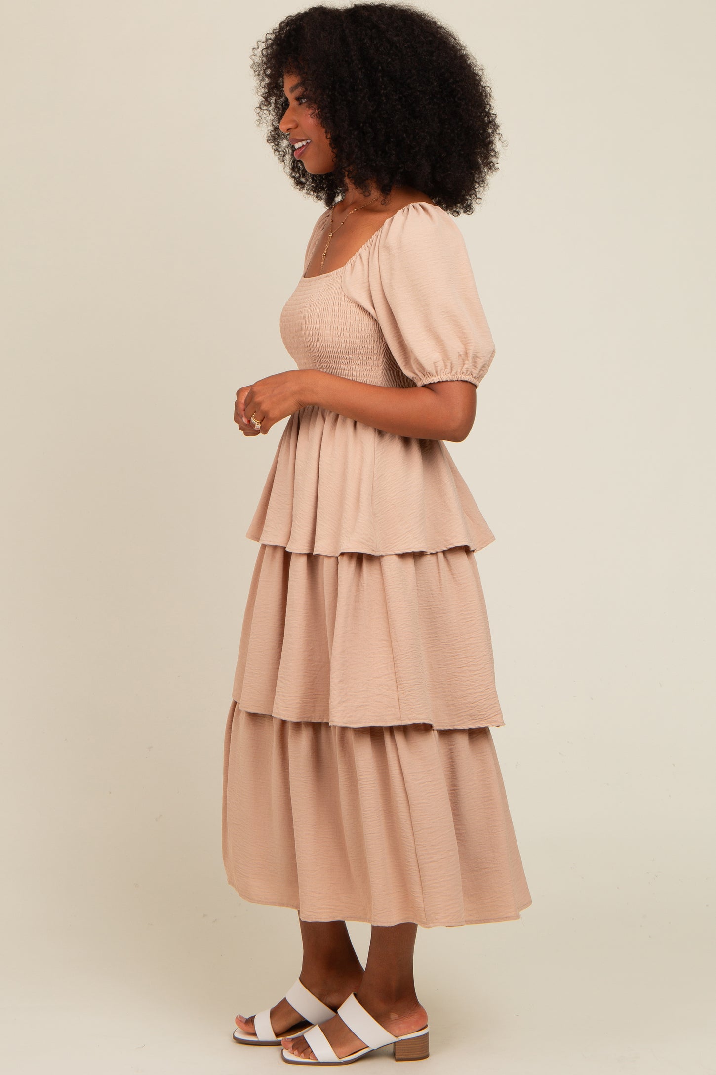 Mocha Smocked Body Ruffled Tiered Midi Dress