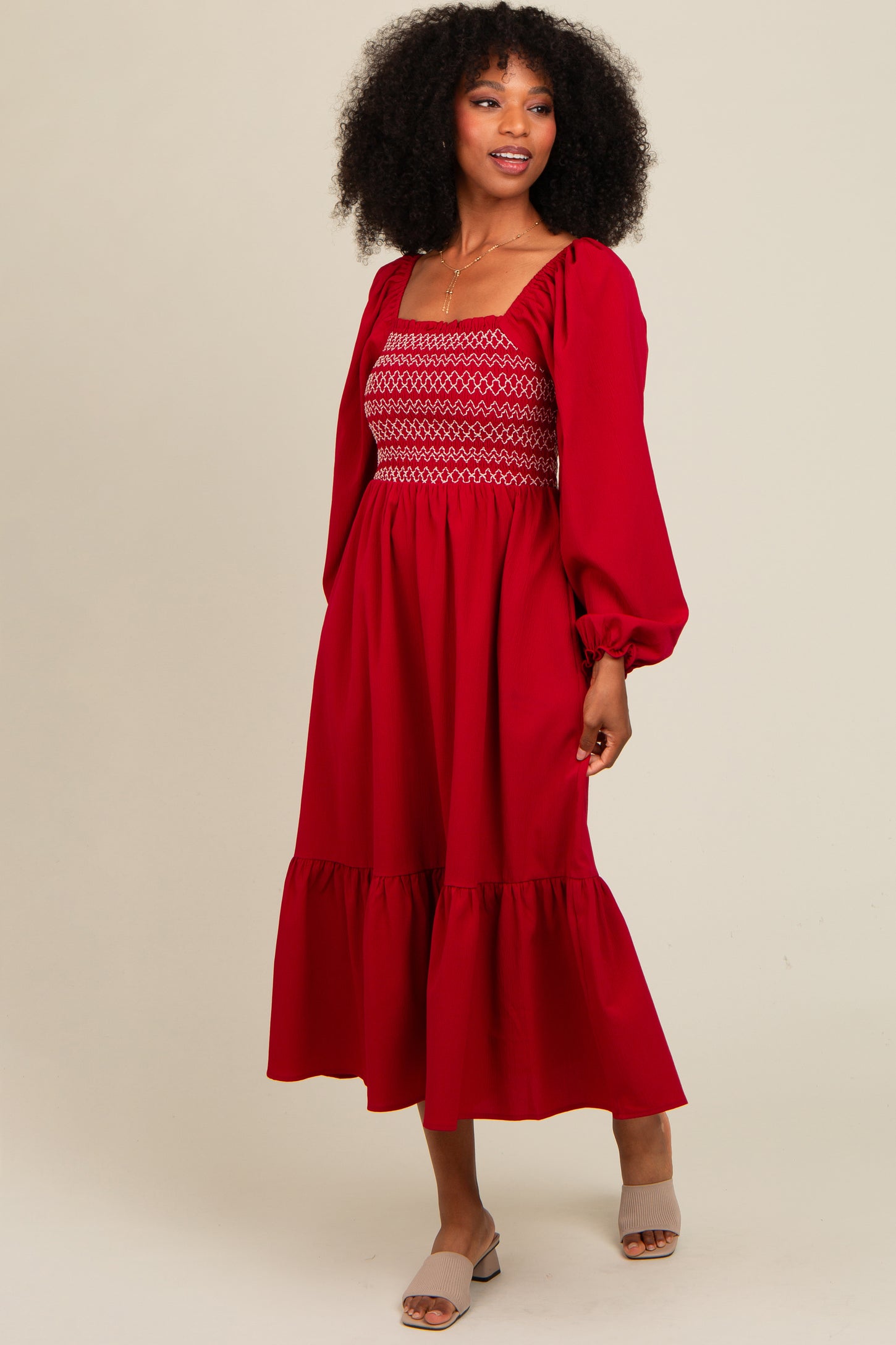 Burgundy Contrast Smocked Balloon Sleeve Midi Dress