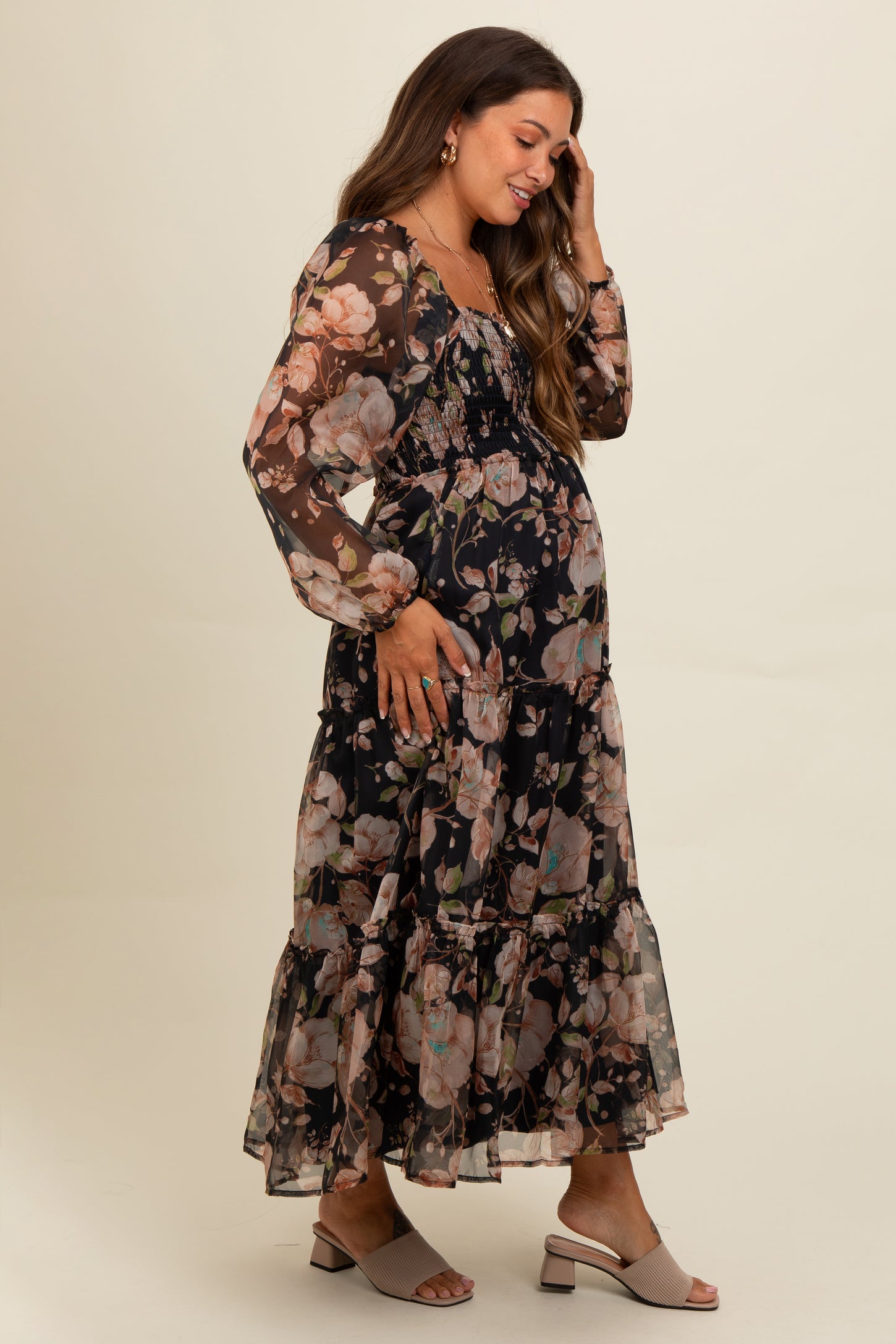 Navy Floral Square Neck Smocked Maternity Midi Dress