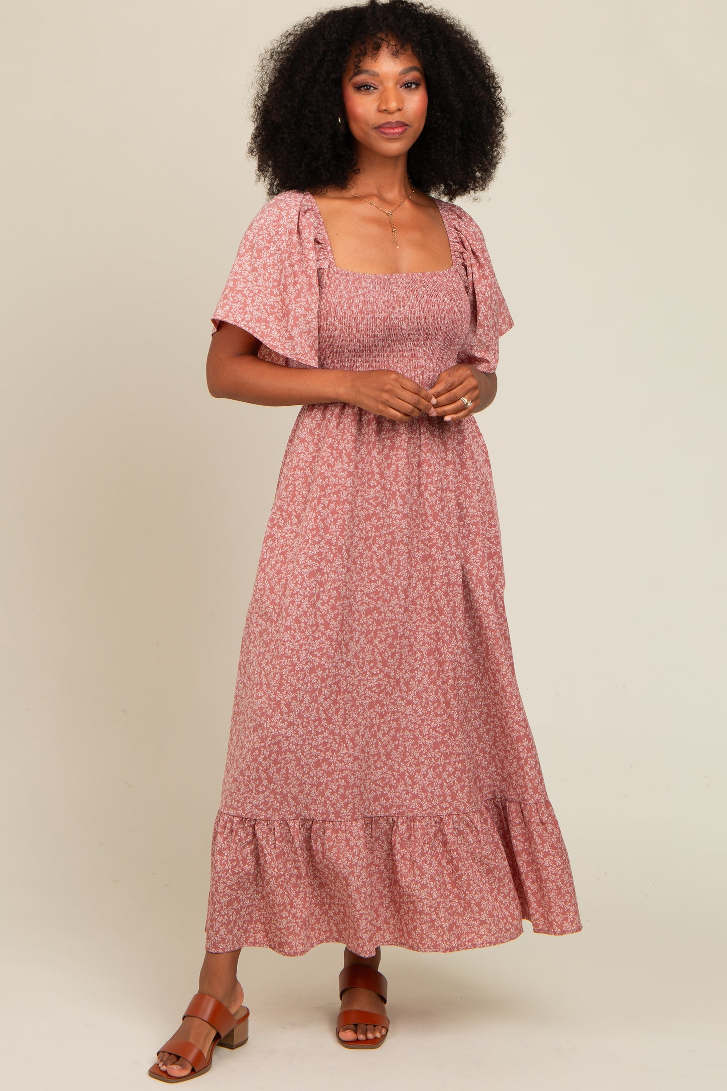 Mauve Flowy Ditsy Floral Smocked Midi Dress Mauve Flowy Ditsy Floral Smocked Midi Dress