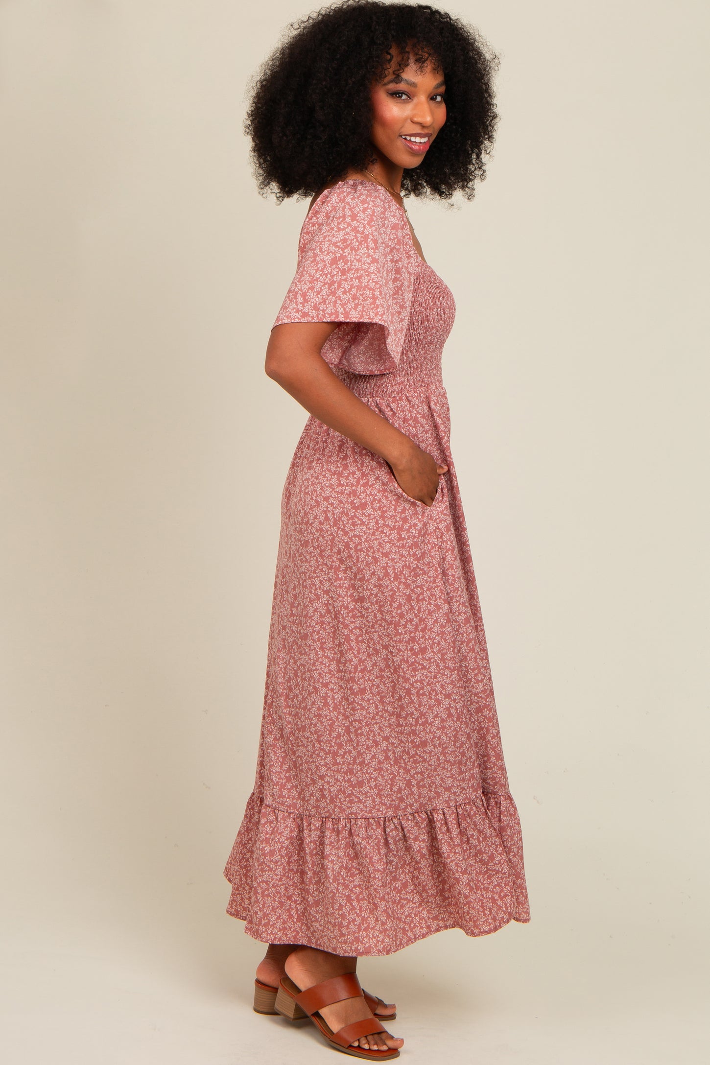 Mauve Flowy Ditsy Floral Smocked Midi Dress Mauve Flowy Ditsy Floral Smocked Midi Dress
