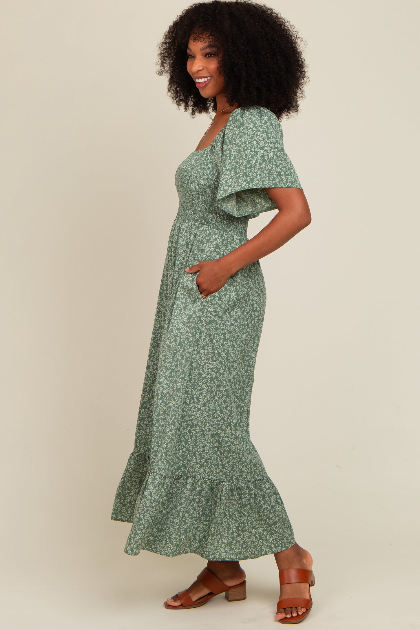 Sage Flowy Ditsy Floral Smocked Midi Dress PinkBlush Sage Flowy Ditsy Floral Smocked Midi Dress PinkBlush