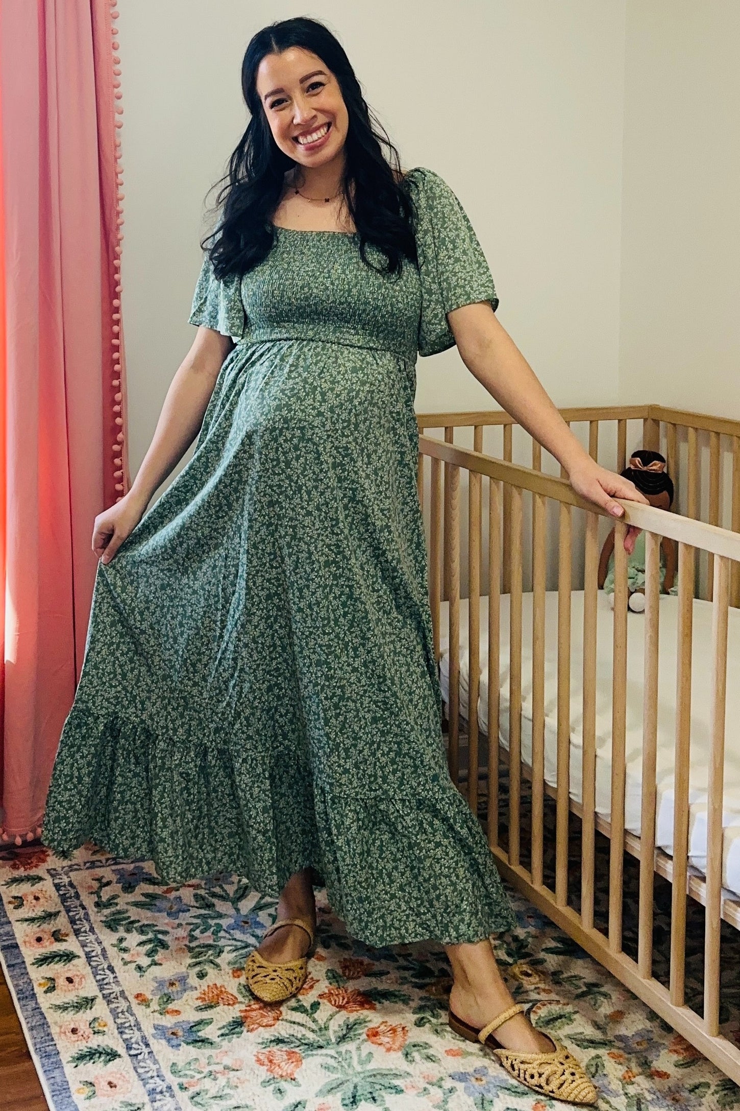Sage Flowy Ditsy Floral Smocked Maternity Midi Dress