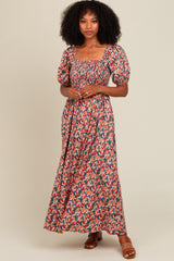 Teal Multi-Color Leaf Print Smocked Maxi Dress