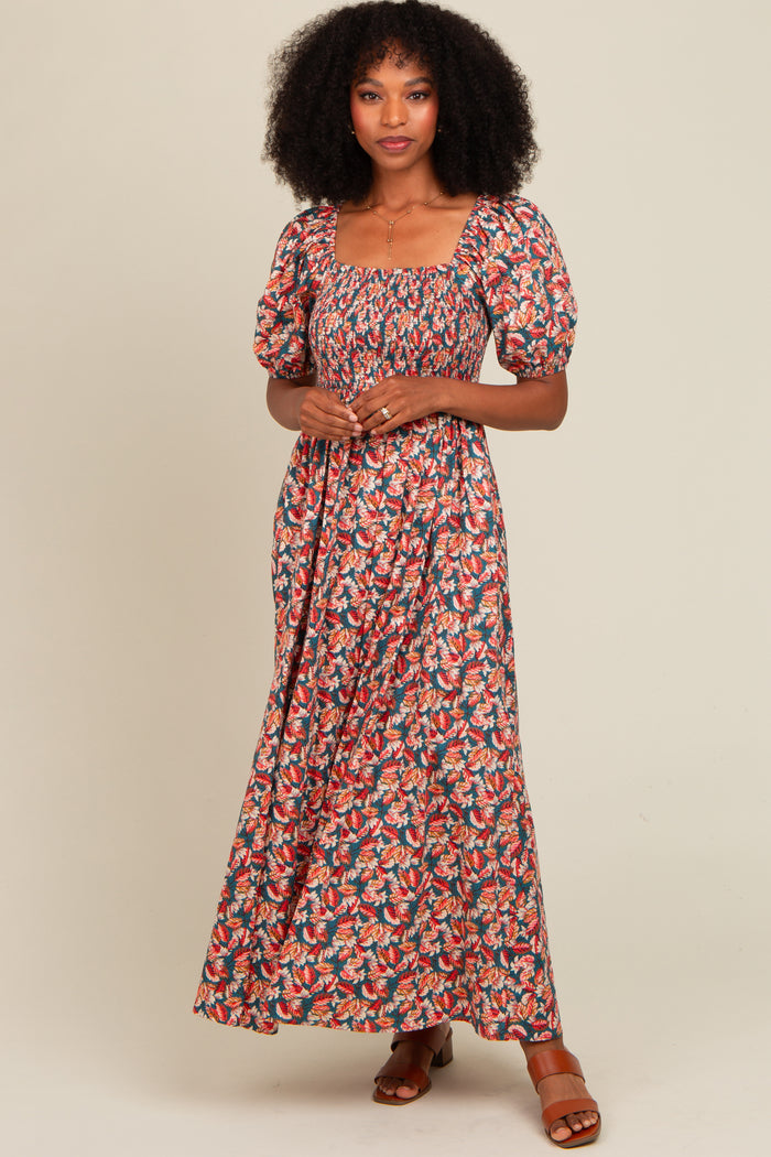 Teal Multi-Color Leaf Print Smocked Maxi Dress
