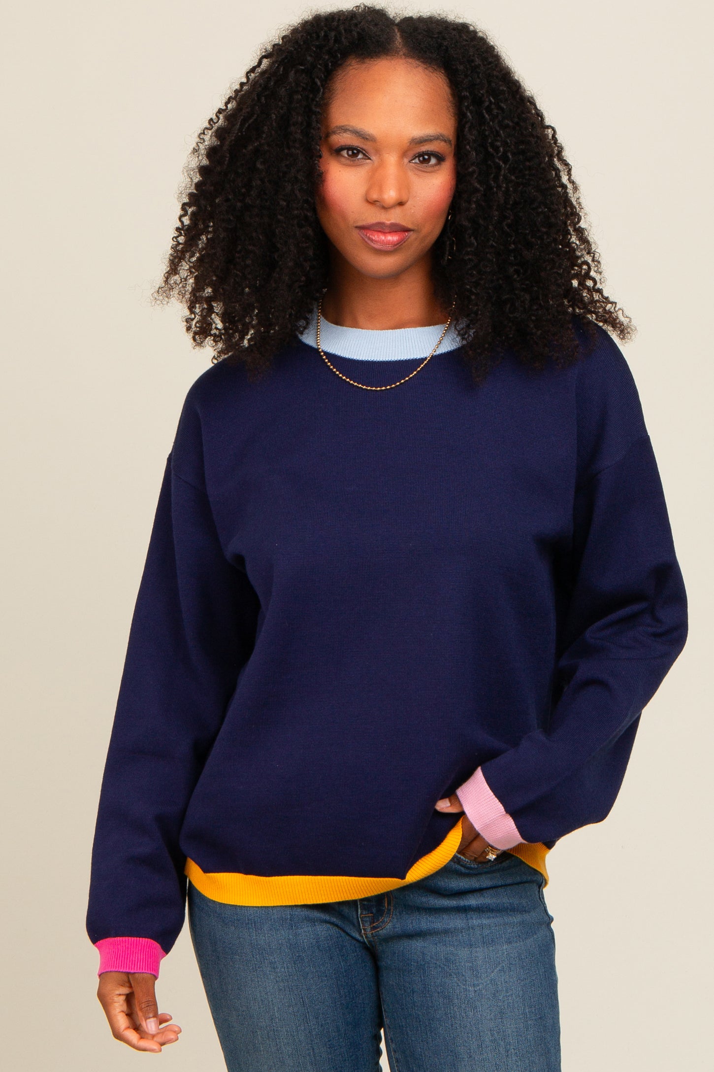 Navy Blue Colorblock Trim Sweater