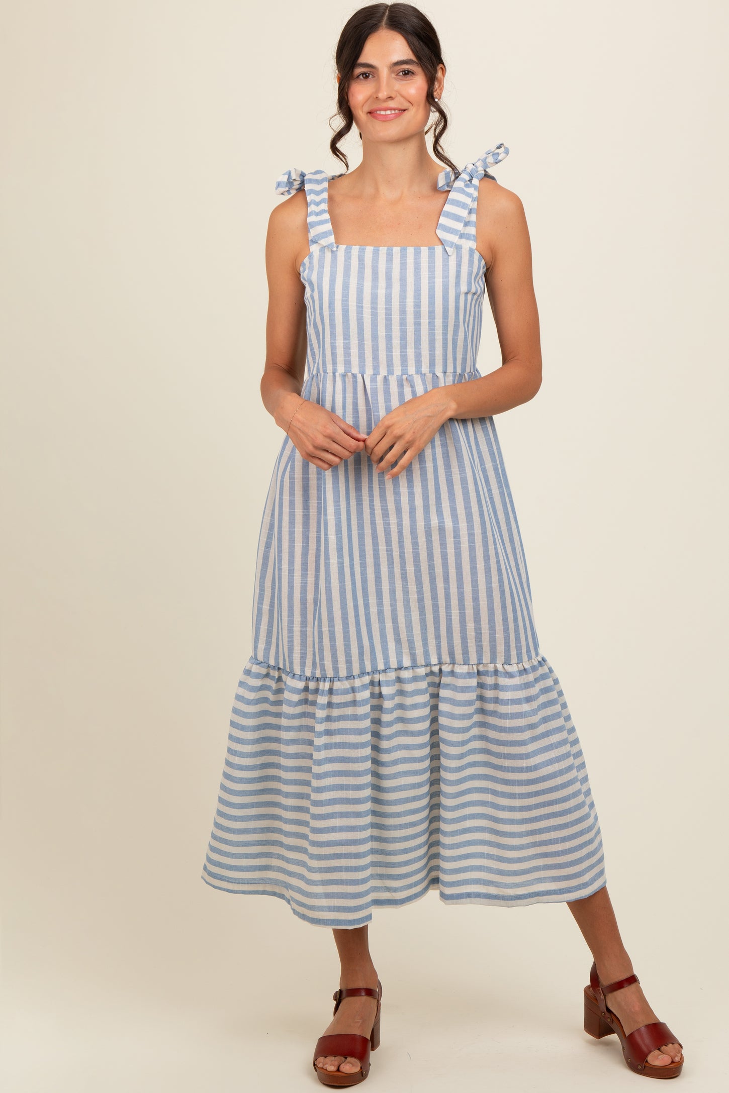 Blue Striped Shoulder Tie Maternity Midi Dress