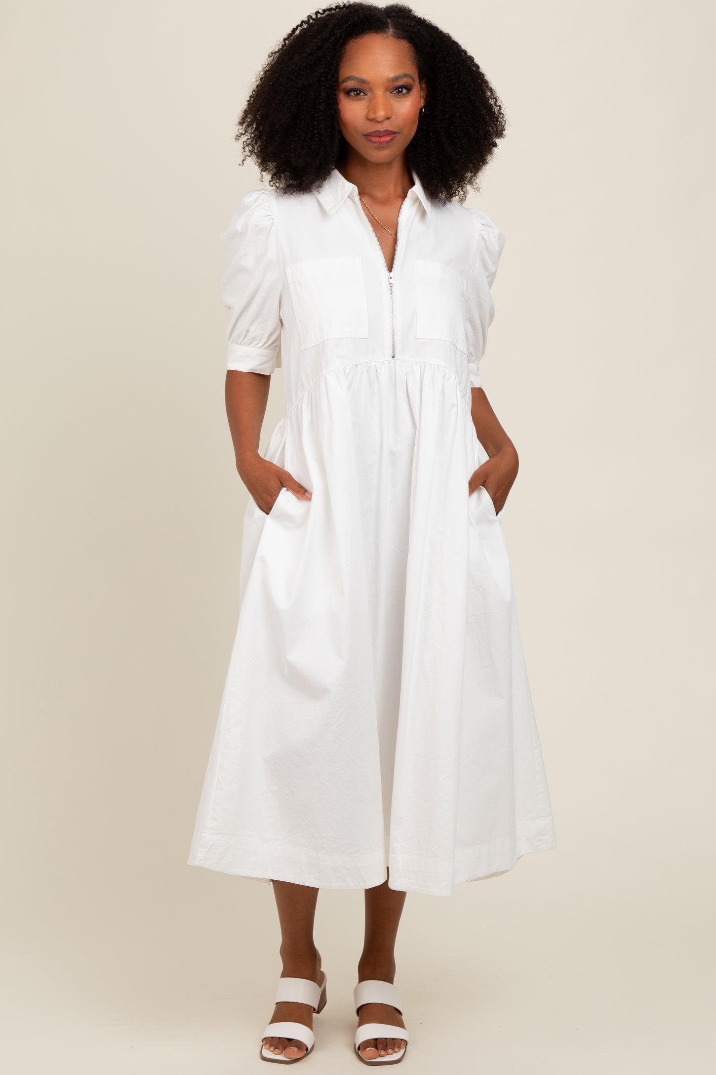 White Half Zip Maternity Midi Dress