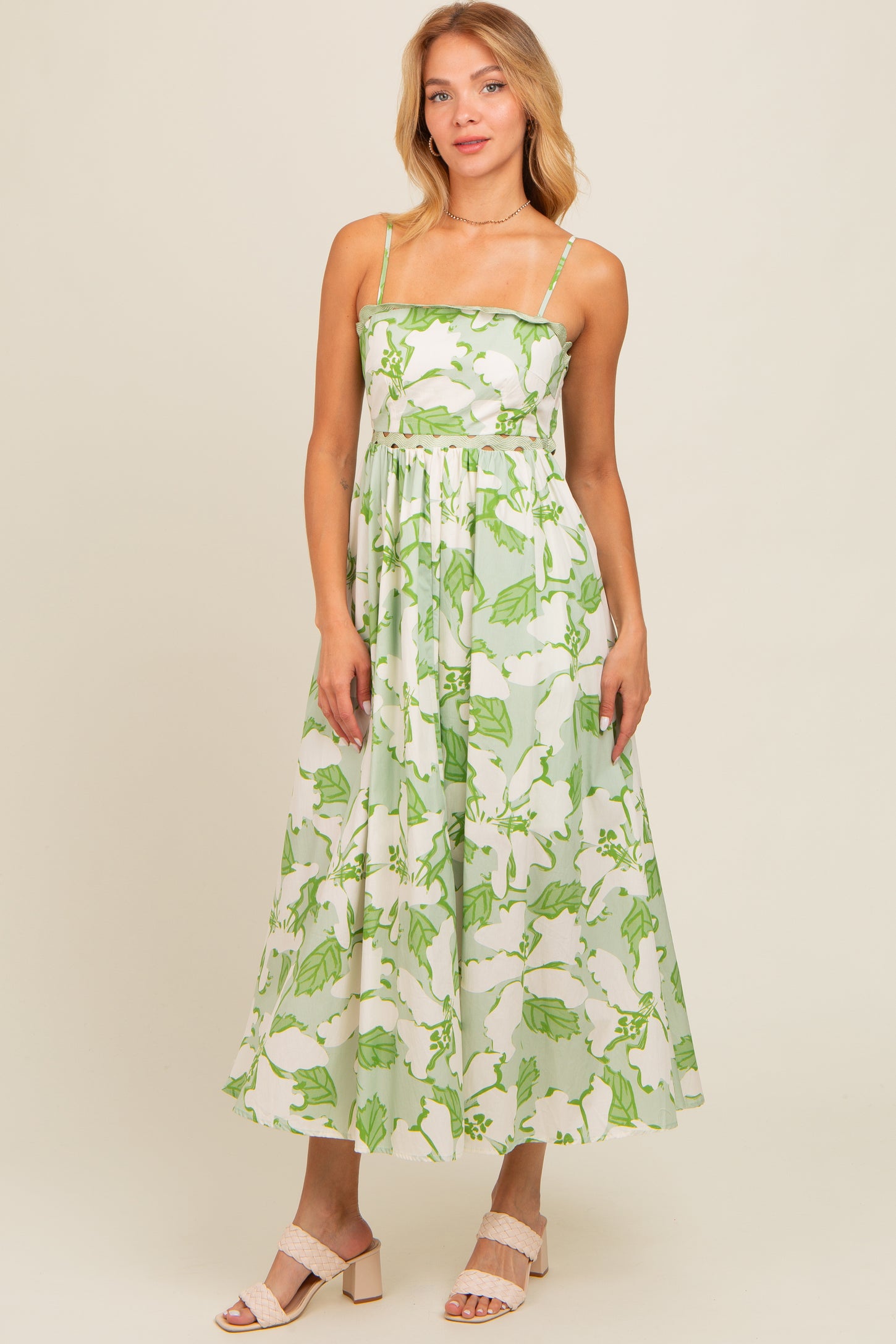 Green Floral Wave Trim Back Tie Midi Dress