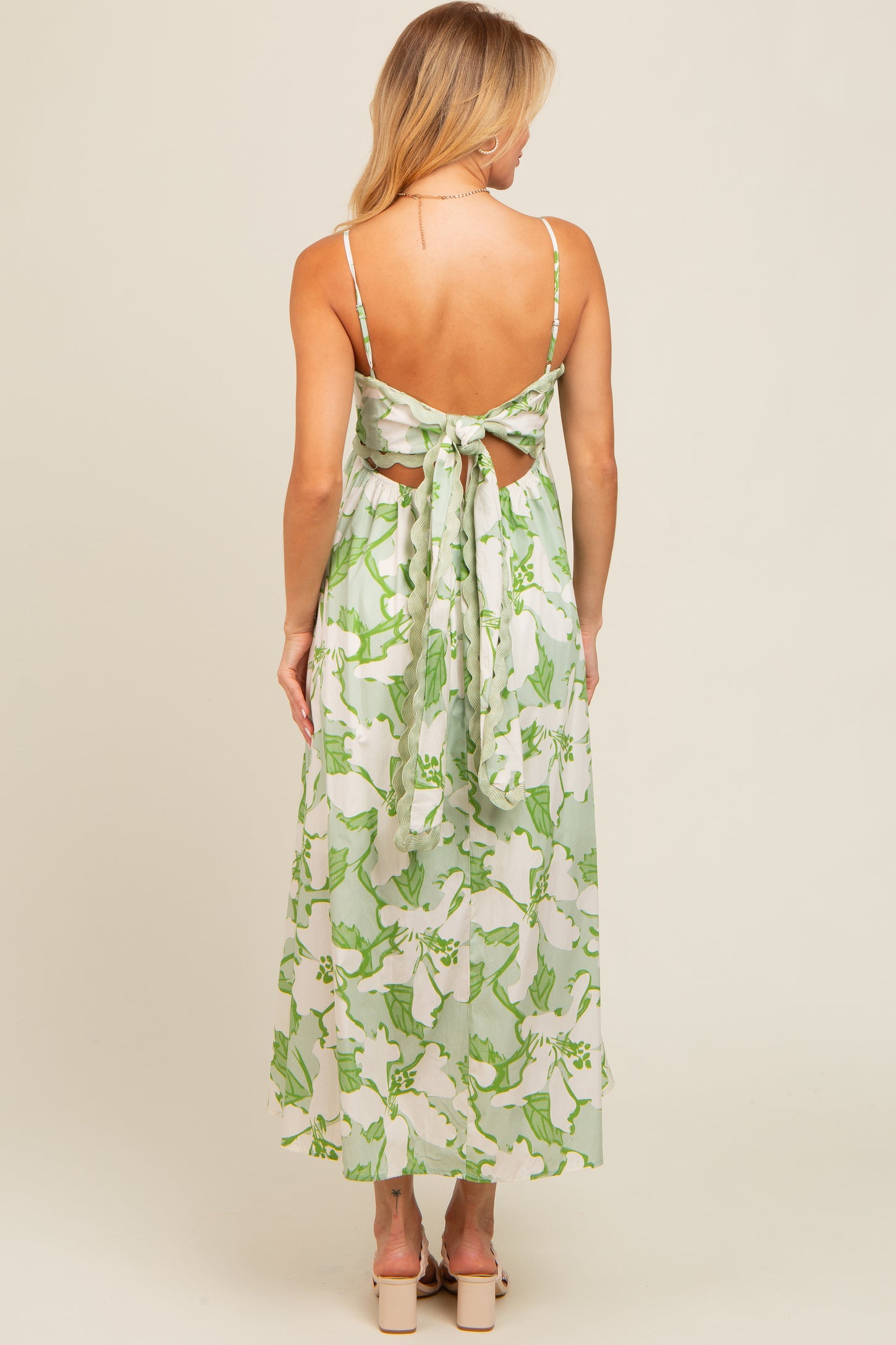 Green Floral Wave Trim Back Tie Midi Dress