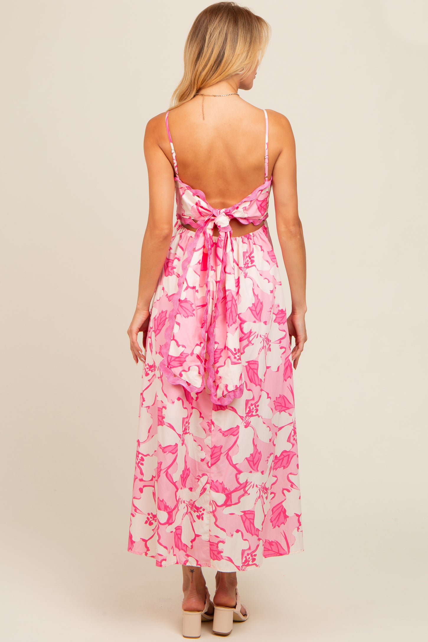 Pink Floral Wave Trim Back Tie Midi Dress
