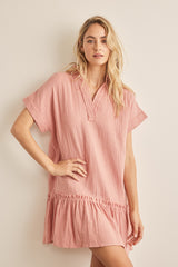 Dusty Salmon Crinkled Cotton Guaze Relaxed Fit Ruffled Dress