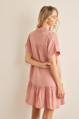 Dusty Salmon Crinkled Cotton Guaze Relaxed Fit Ruffled Dress