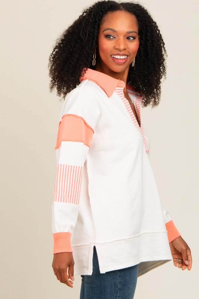 Salmon Striped Colorblock Polo Top